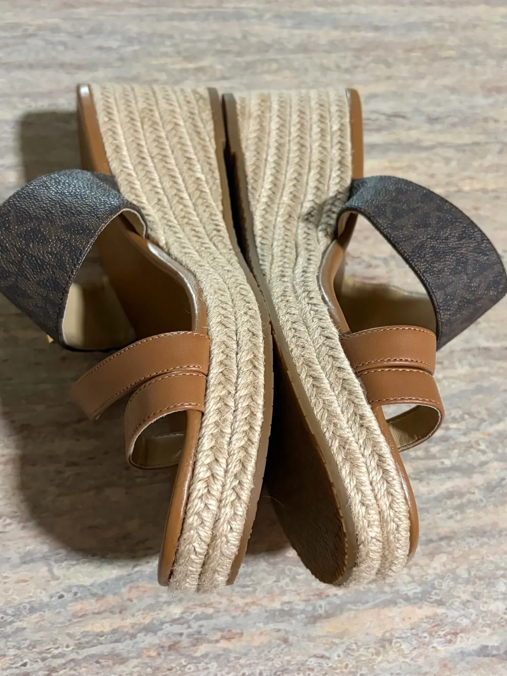 Michael Kors Tan & Brown Leather Logo Espadrille Wedge Sandals with Gold Accents